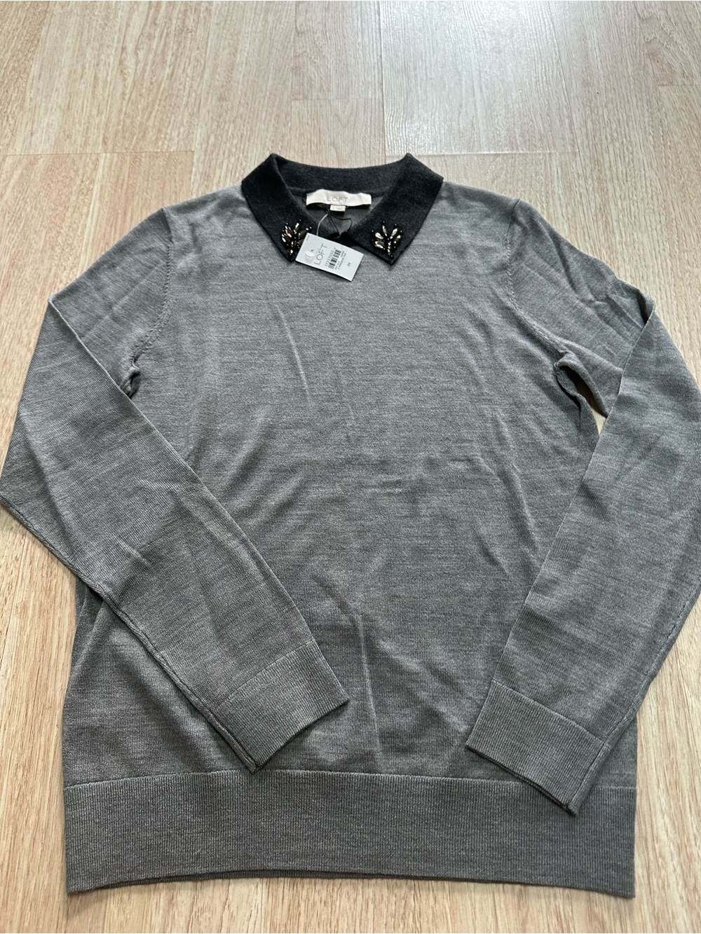Women's Gray Merino Sweater with Embellished Black Collar by Loft